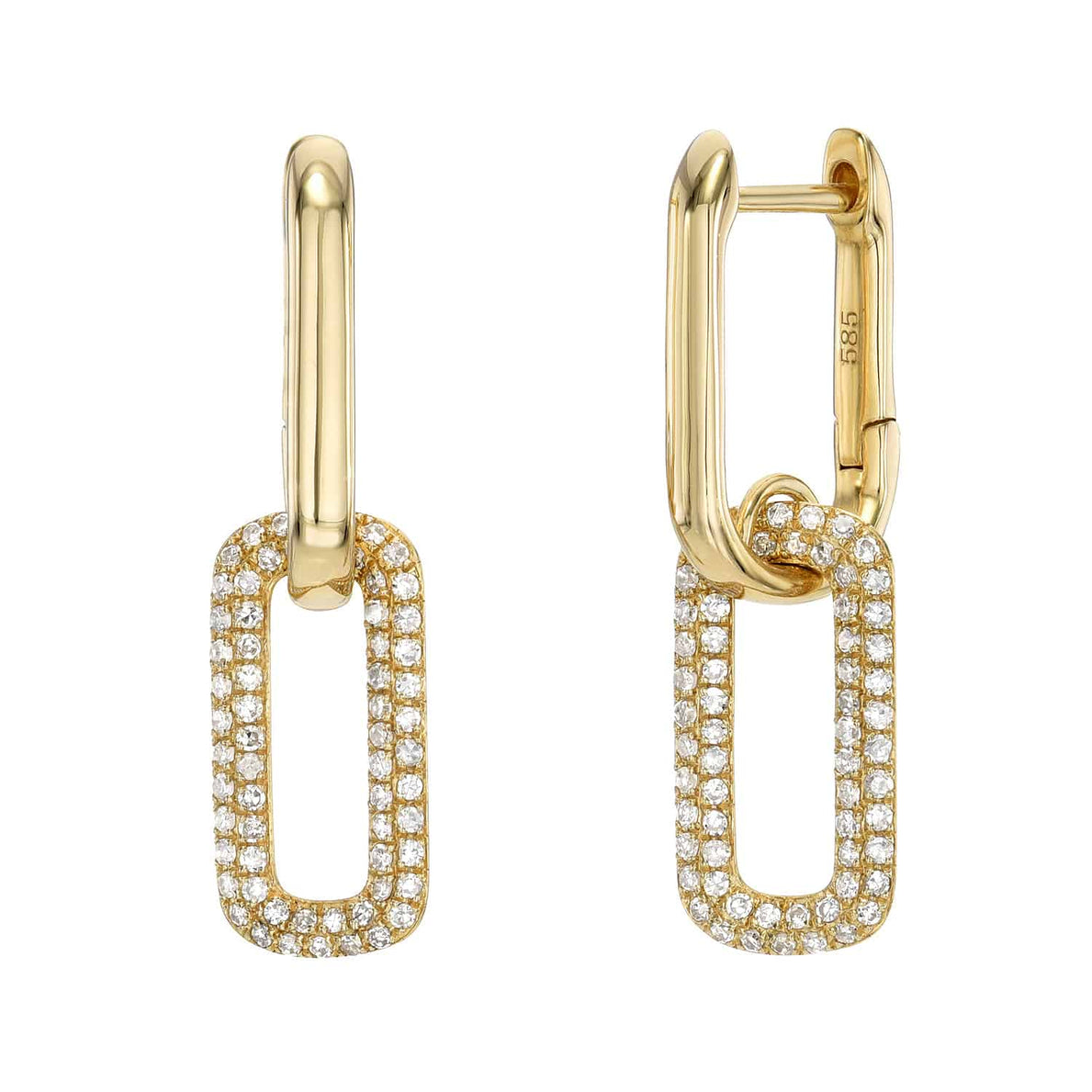 Explore the Janet Heller Fine Jewelry collection with the Diamond Oakley Earrings. These gold hoop earrings feature rectangular drop pendants encrusted with clear gemstones and offer a modern, elegant design. Customize each piece to match your personal style.