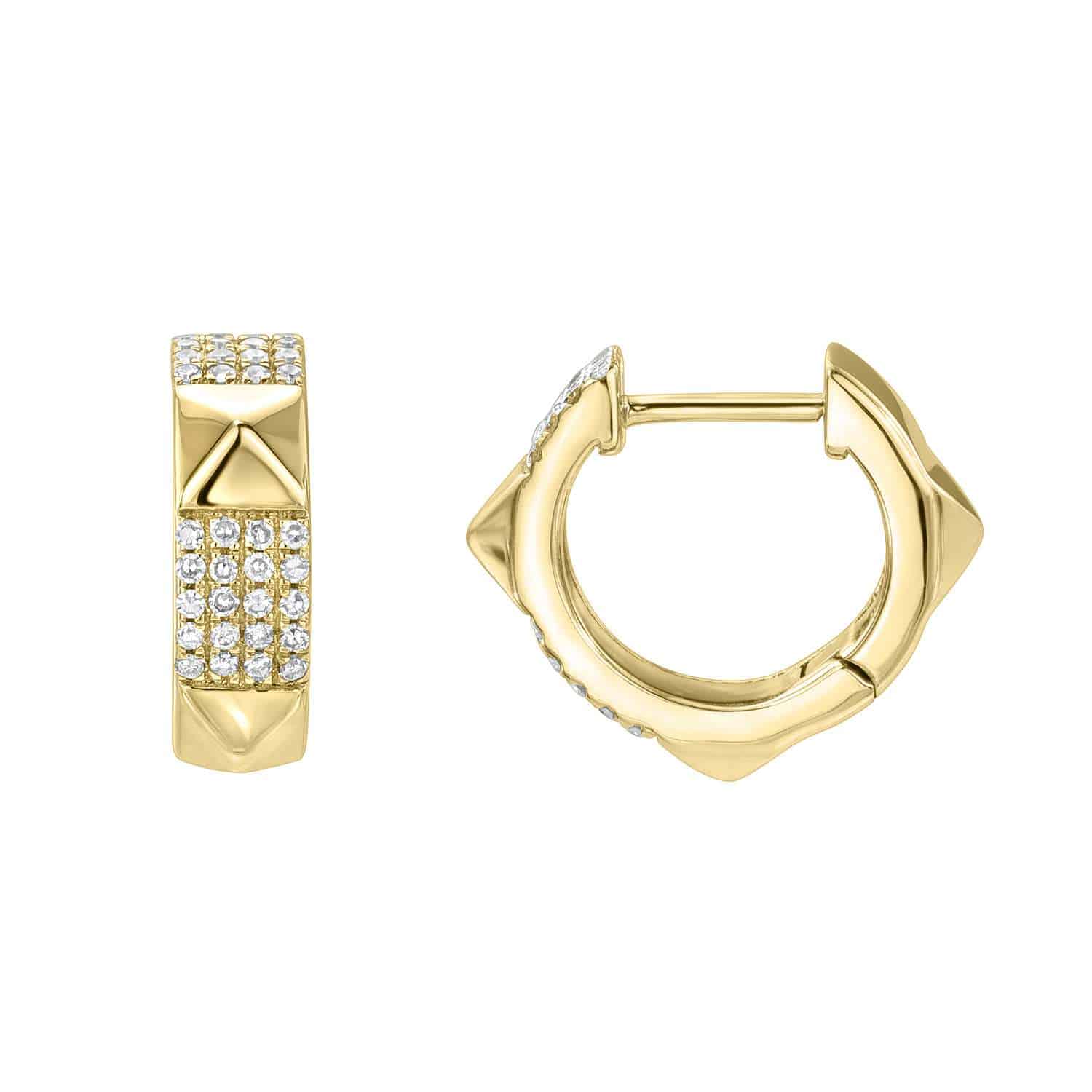 Diamond Pyramid Huggies featuring gold hoops adorned with pyramid-shaped studs and rows of small, sparkling white stones on the front, displayed from both side and front views against a white background.