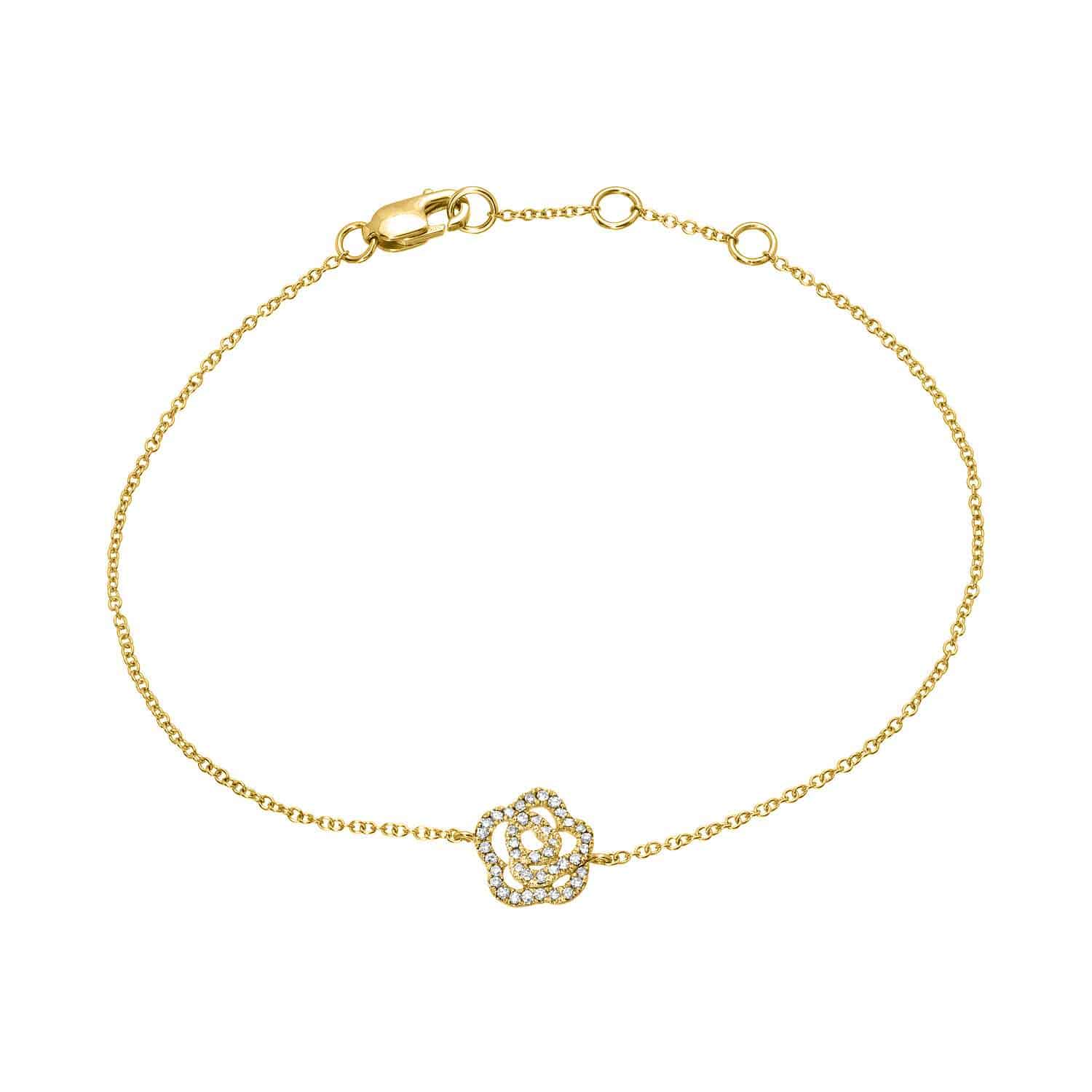Diamond Rose Bracelet: A delicate gold chain bracelet with a secure lobster clasp, featuring a small, rose-shaped charm at the center adorned with glittering diamonds.