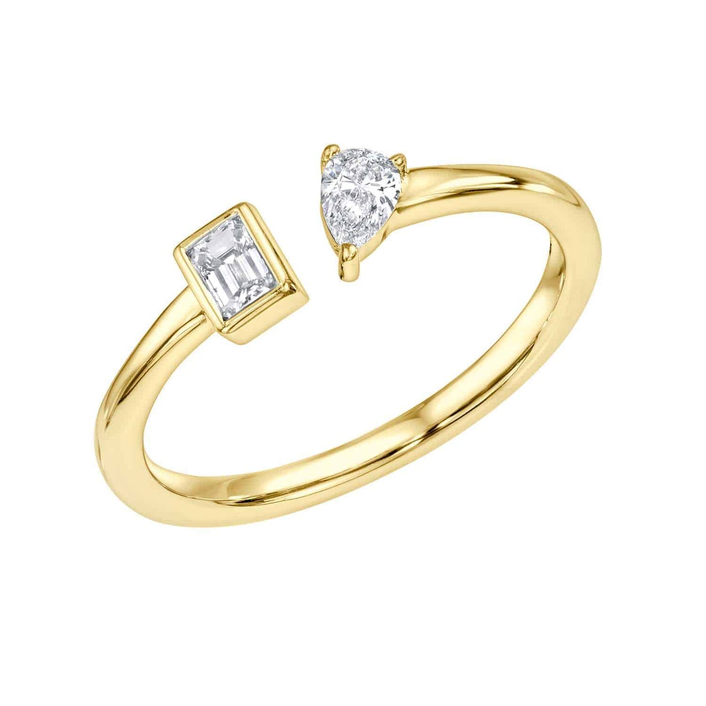 The Emerald & Pear Toi Et Moi Ring features a gold open band with a rectangular-cut diamond on one end and a pear-shaped diamond on the other. This elegant piece symbolizes love with its modern design, showcasing two distinct diamond shapes. Available for preorder now.