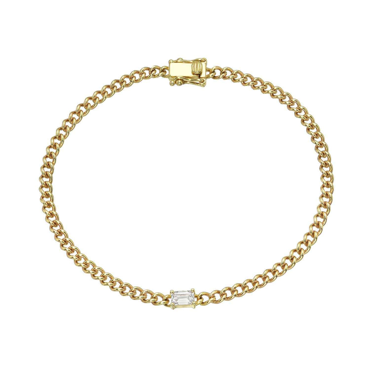Emerald Cut Aurora Bracelet featuring a single rectangular clear gemstone set at the center of a gold chain, displayed on a white background.
