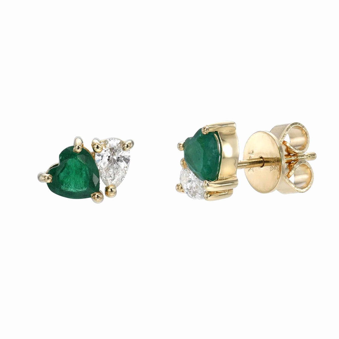 The Emerald & Diamond Toi Et Moi Studs are elegant gold stud earrings featuring heart-shaped green gemstones and pear-cut clear stones. The contrasting stones enhance their charm, with secure butterfly backs for comfort. Personalize through available customizations.