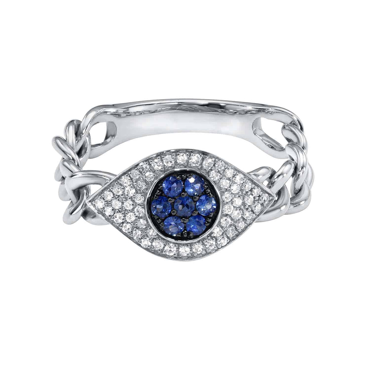 The Evil Eye Chain Ring showcases a silver chain-link band with an eye-shaped centerpiece, adorned with sparkling clear stones and striking blue gemstones at its core. To inquire about custom ring sizes or to preorder this distinctive piece, please contact us.