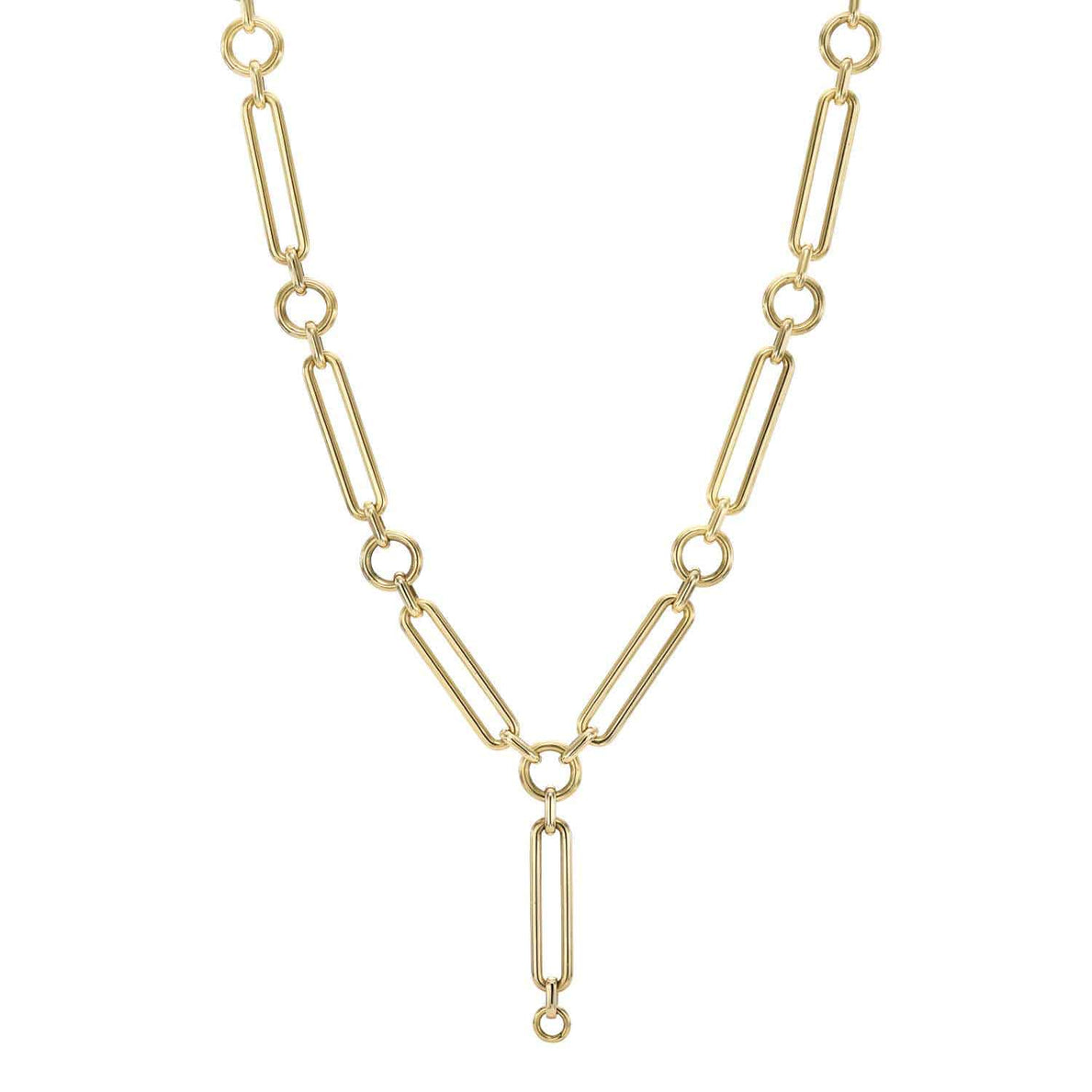 Experience the elegance of the Ivy Chain from Janet Heller Fine Jewelry. This gold chain necklace features elongated rectangular links joined by small circular ones, creating a symmetrical pattern with a unique dangling link at the center, enhancing any outfits charm.