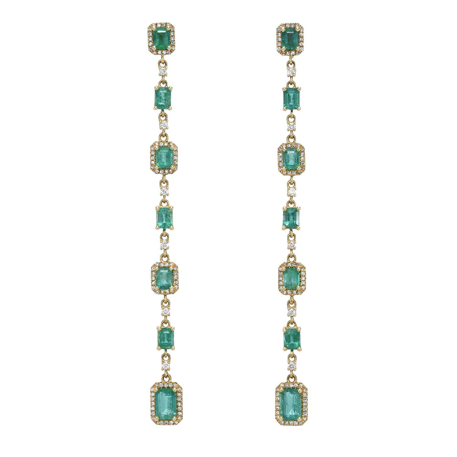 Long Emerald & Diamond Earrings featuring a vertical row of four rectangular emerald gemstones, each bordered by sparkling diamonds and connected by elegant gold links.