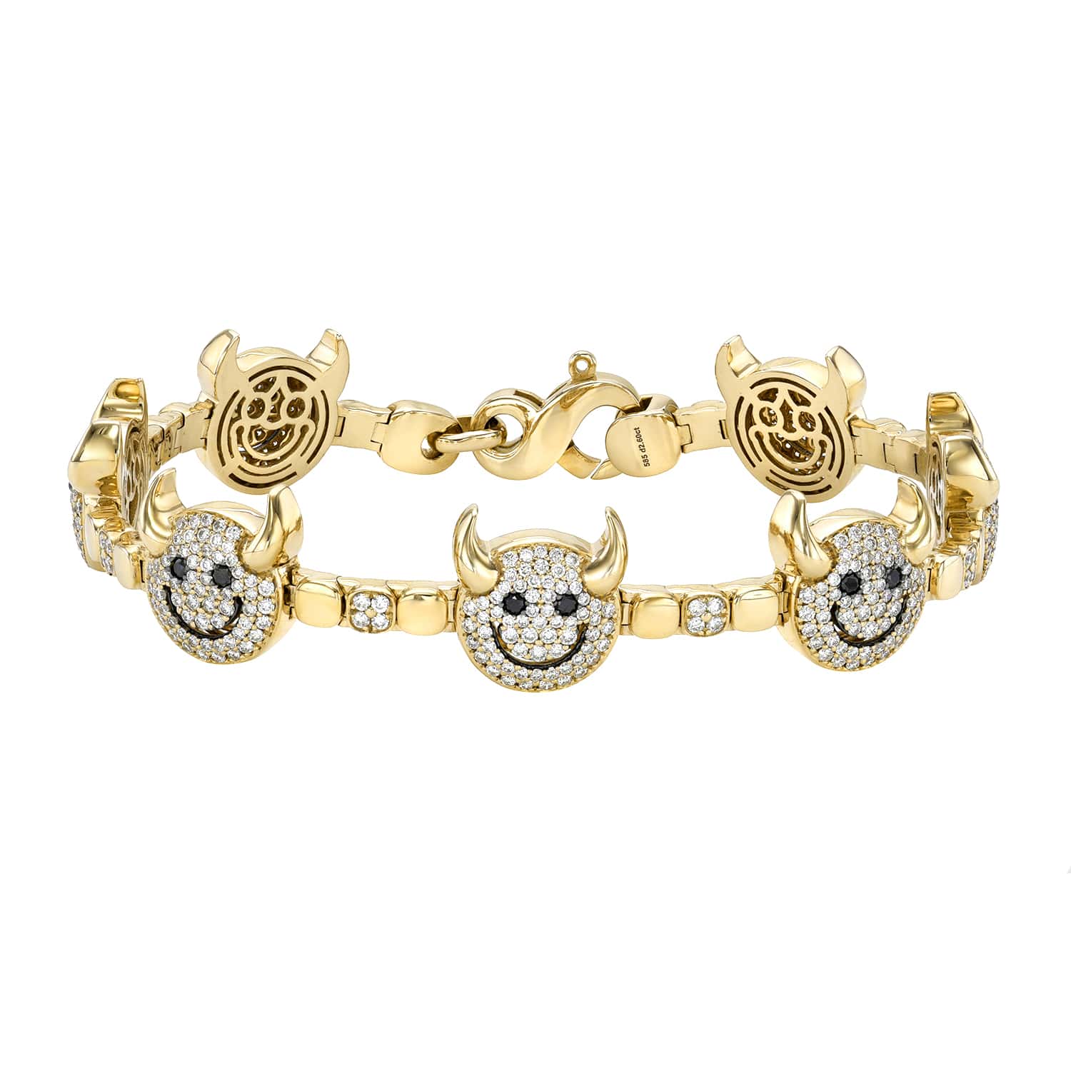 Sure! Here’s the revised sentence using your product data: The Lucky Devil Bracelet (SKU: BRA-1213-Y, 10221.00) features smiling, horned bull faces adorned with white and black stones, all linked by gold and finished with a lobster clasp—an eye-catching fine jewelry piece believed to attract good fortune.