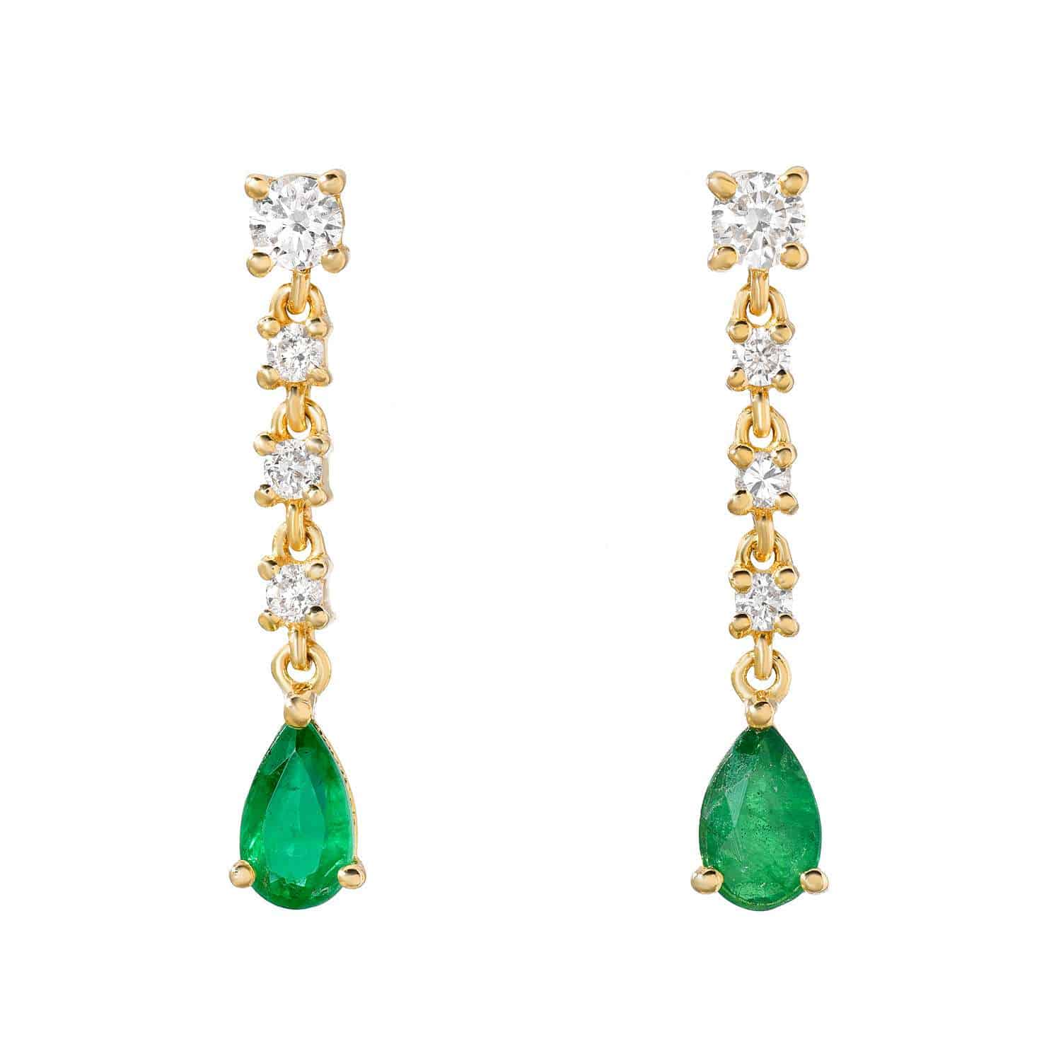The Pear Emerald Drop Earrings showcase a fine jewelry masterpiece, with small round diamonds leading to a pear-shaped green emerald. These symmetrical gold drop earrings offer elegance and personalization options for a unique touch.