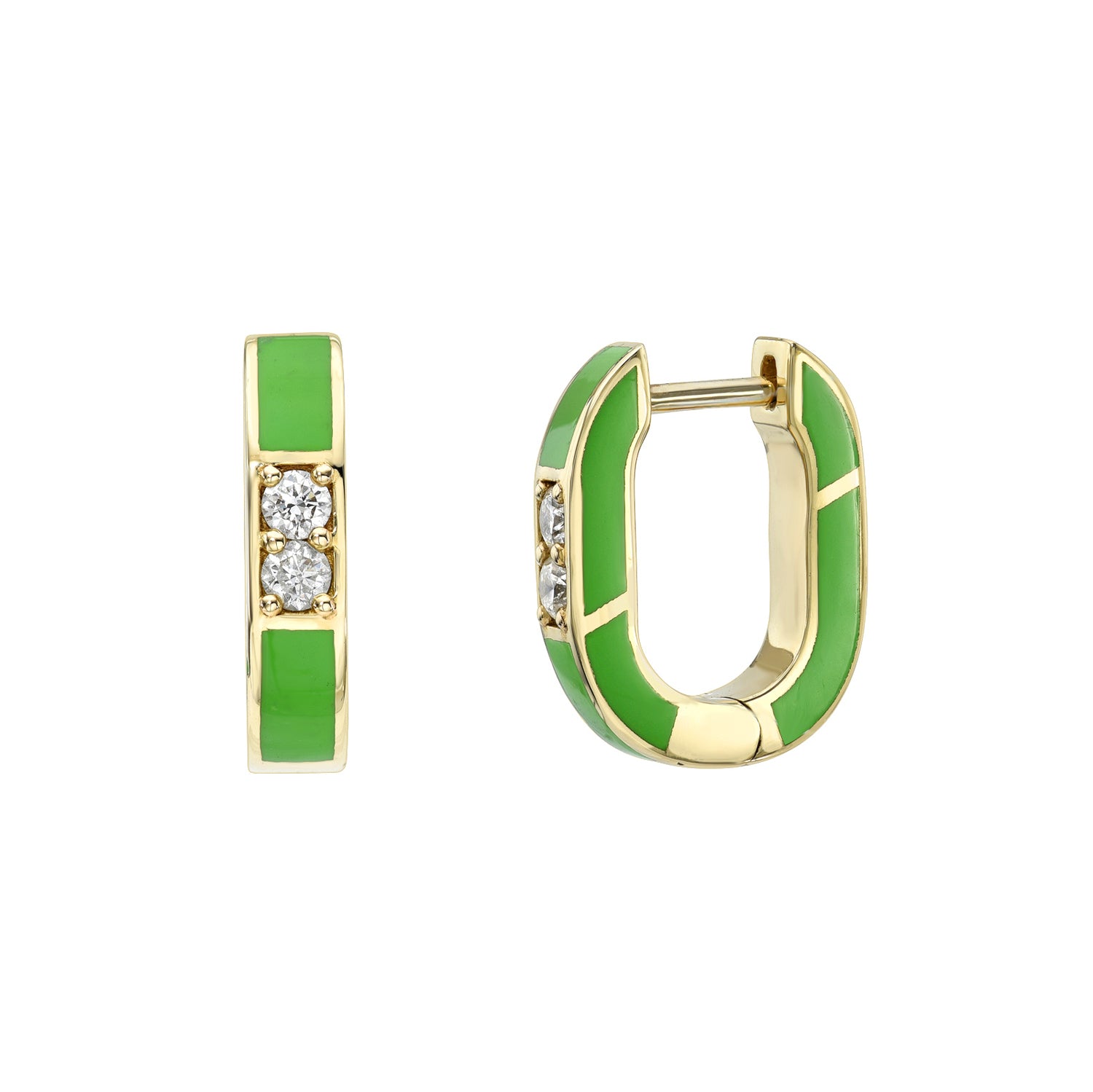 Introducing the U Shaped Green Enamel Hoops—gold hoop earrings featuring a vibrant green enamel finish and three small round white gemstones set vertically on each earring, displayed from both front and side views. A stunning showcase of Janet Heller’s fine jewelry craftsmanship.