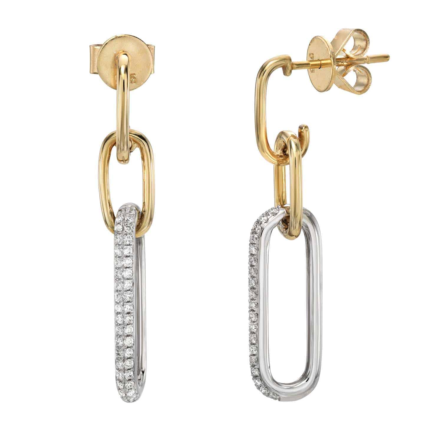 Introducing the Two Tone Diamond Paperclip Earrings—dangle earrings featuring oval-shaped links in both gold and silver tones. One link showcases a gold finish, while the other displays a silver tone set with small embedded diamonds. These earrings are completed with classic stud backings for secure wear.