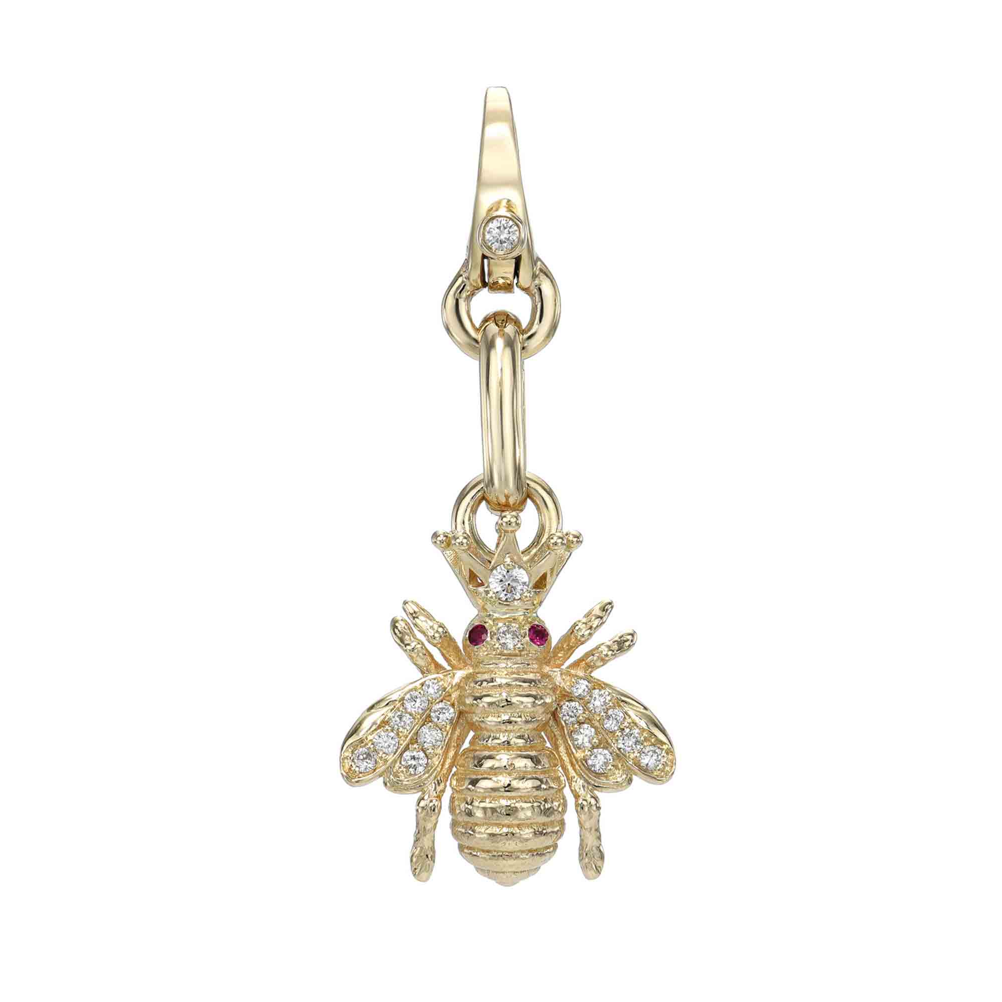 Introducing the Mini Diamond Bee Charm: a gold bee-shaped pendant featuring small diamonds on its wings and body, two sparkling red gemstone eyes, and a crown encrusted with diamonds—all suspended from a gold loop for easy wearing.