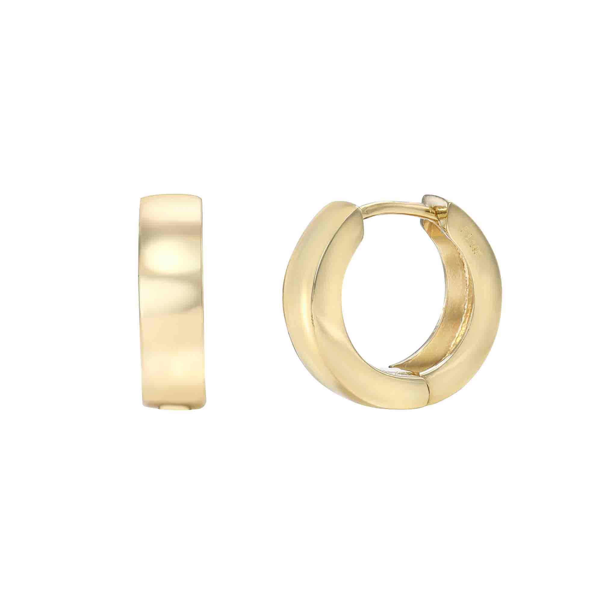 A pair of Mini Penny Huggies—small, thick gold hoop earrings—displayed from the front and side on a white background.