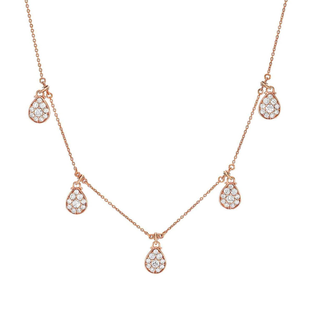 Pear Drop Diamond Necklace featuring five evenly spaced teardrop-shaped pendants, each set with sparkling white diamonds, elegantly suspended from a delicate rose gold chain.