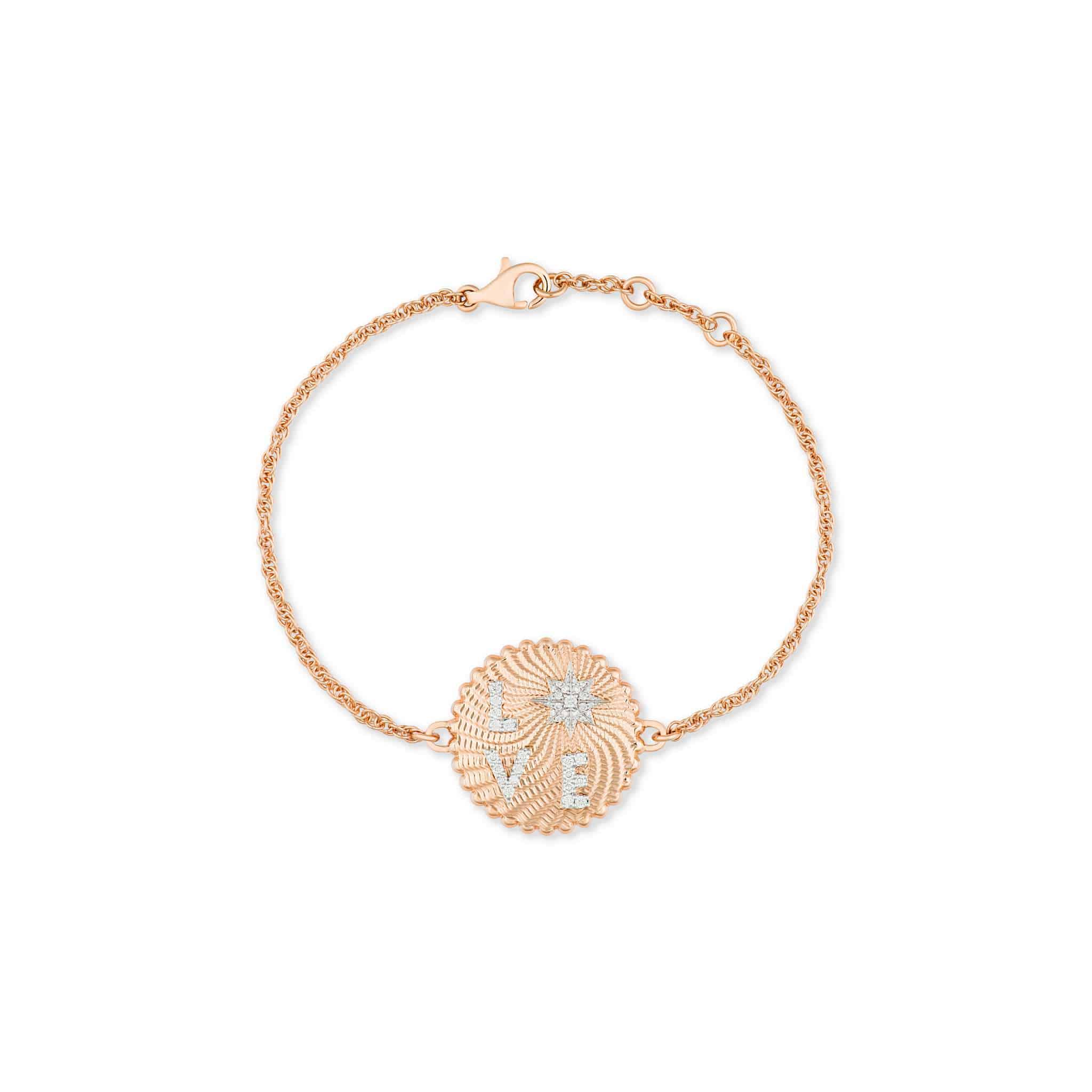 Diamond Love Frequency Bracelet: A delicate gold chain bracelet featuring a round, textured centerpiece with an intricate design and sparkling diamond accents, secured with a lobster clasp.