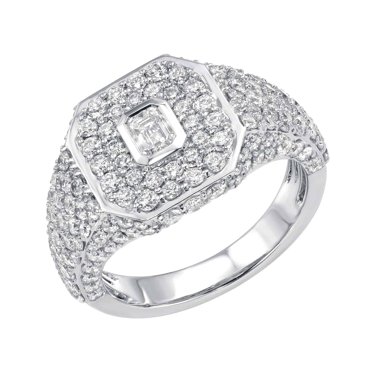 The Diamond Acacia Pinky Ring from Janet Heller Fine Jewelry is crafted in 18KT white gold.  The ring features a geometric design with an emerald-cut center diamond surrounded by smaller pave diamonds in a layered hexagonal setting.