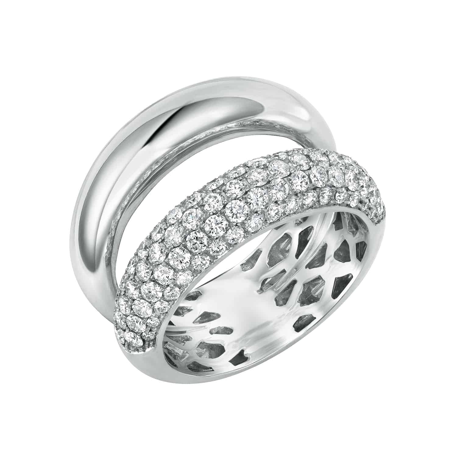 Discover the Double Band Diamond Gypsy Ring by Janet Heller: a sophisticated, contemporary design featuring two intertwined silver bands—one sleek and polished, the other adorned with rows of sparkling diamonds. Available now for preorder, this ring is perfect for those seeking timeless elegance.
