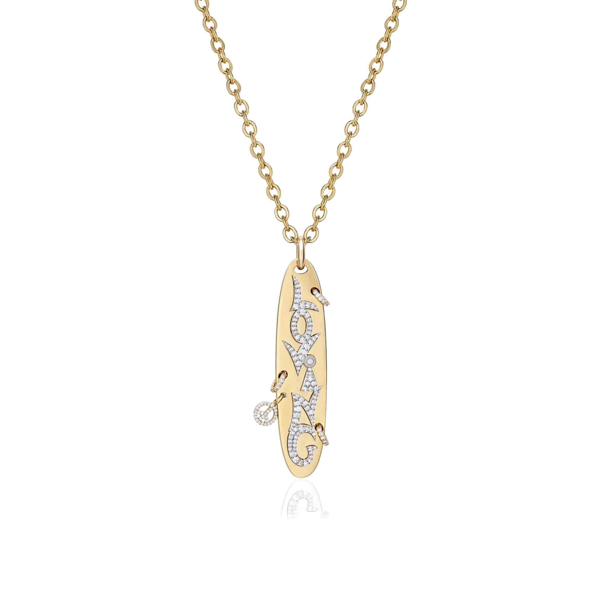 Diamond Loving Piercing Necklace: A gold chain necklace showcasing an oval pendant adorned with the word "loving" in dazzling stones and accented with delicate bird-shaped designs.