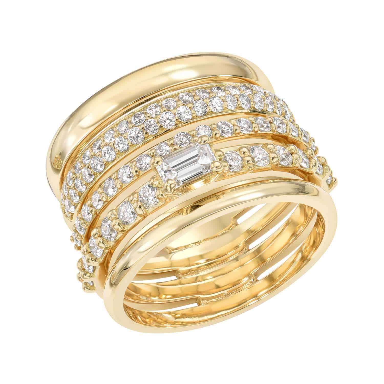 The Multi Band Diamond Ring from Janet Heller Fine Jewelry is crafted in 18KT gold.  The ring features stacked gold bands with small diamonds and a central emerald-cut diamond.