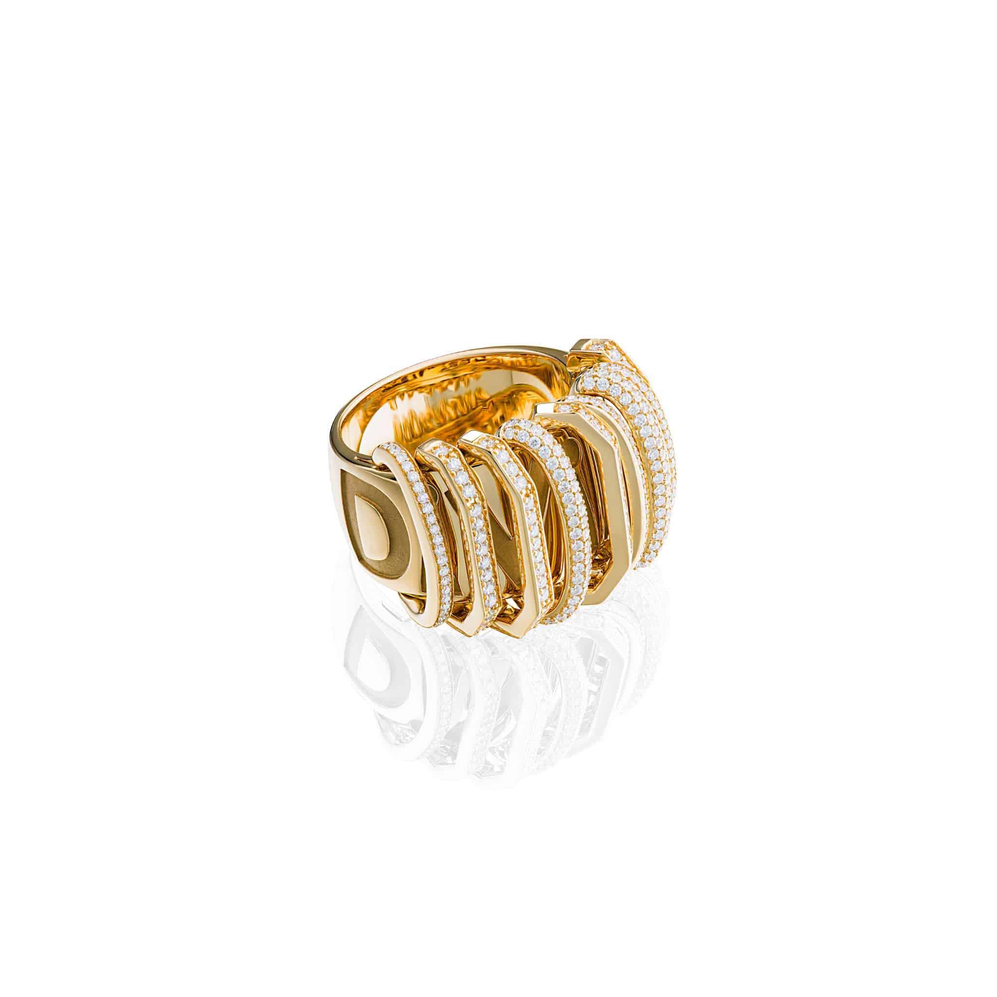 The Whisper Divine Ring, crafted in gold with a multi-band design featuring five gracefully curved sections accented by small white diamonds, is displayed on a white background.