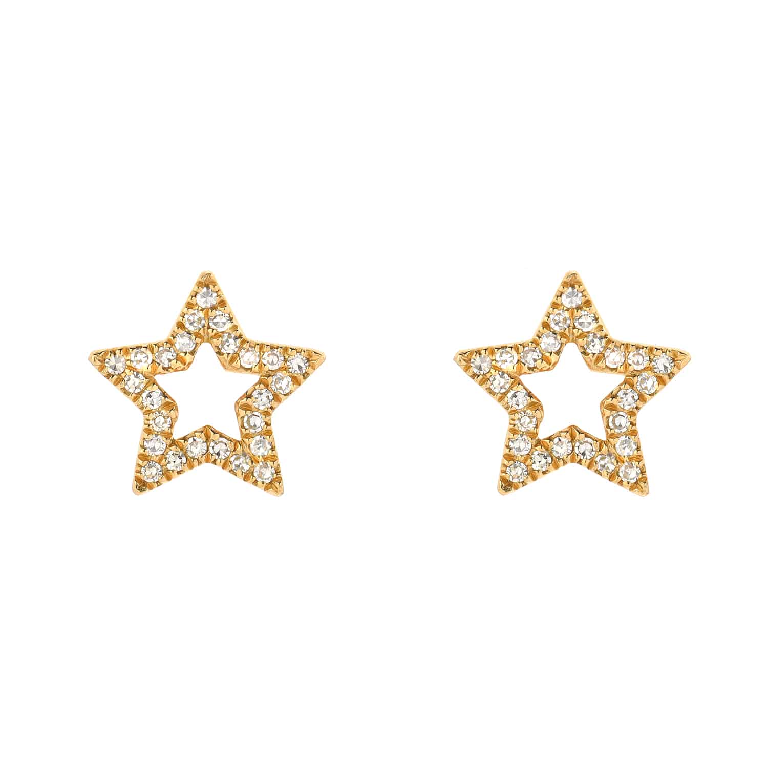Introducing the Diamond Open Star Studs: a pair of gold stud earrings featuring open-centered star shapes, each outlined with dazzling diamonds for a sparkling touch. These shiny earrings are displayed against a plain white background.