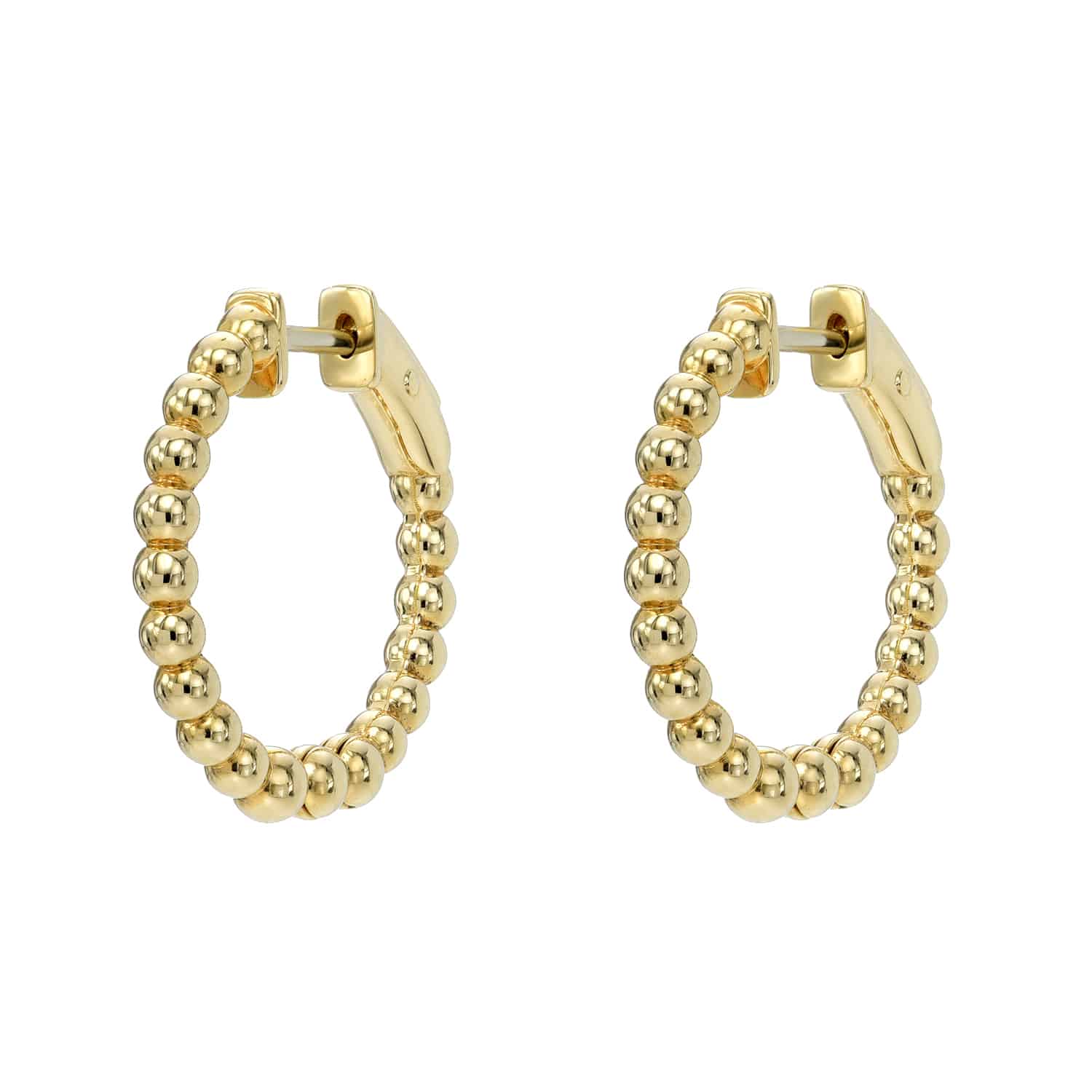 A pair of Small Nora Hoops, SKU EAR-1182-Y, meticulously crafted in gold and featuring a beaded design with small, round gold beads linked together. Created by Janet Heller Fine Jewelry, these stunning hoops are a perfect example of custom jewelry designed to elevate any look.