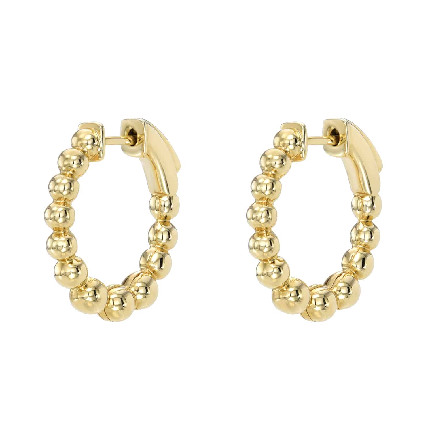 The Mini Nora Hoops (SKU: EAR-1173-Y) from Janet Heller Fine Jewelry are elegantly displayed on a plain white background. Featuring small, shiny, round beads linked together in an oval shape, these exquisite earrings perfectly capture the refined craftsmanship that defines the collection.