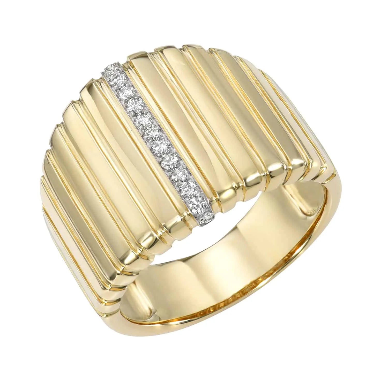 Discover the exquisite Large Diamond Ridge Ring, a wide gold band with a ridged design and vertical line of sparkling diamonds. Now available for preorder, this striking piece adds elegance to any jewelry collection.