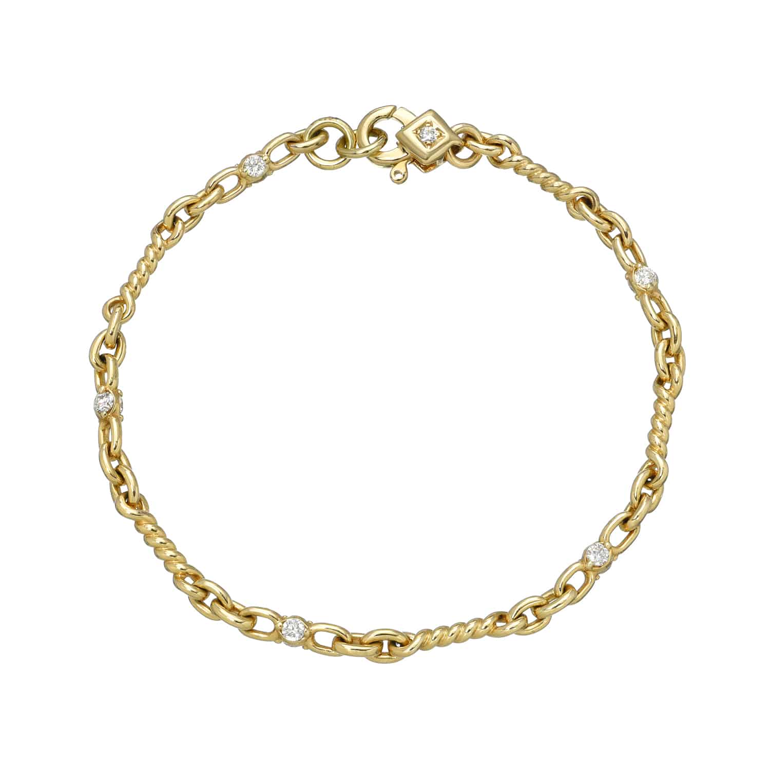 Introducing the Diamond Belle Bracelet—a gold chain bracelet adorned with small round diamonds spaced evenly along the chain and finished with a decorative clasp. Expertly crafted by Janet Heller, this elegant piece highlights exceptional jewelry artistry. Shown laid flat in a circular shape against a white background.