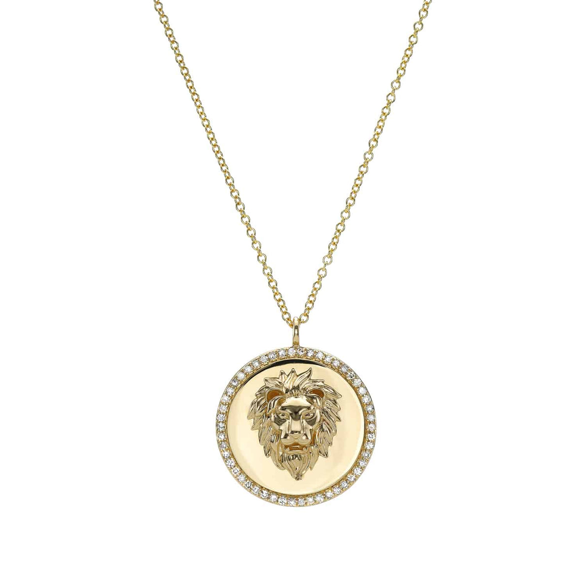 The Diamond Lion Pendant Necklace from Janet Heller Fine Jewelry is crafted in 14KT gold.  The charm is a round medallion with an edge made up of 50 small diamonds.  The necklace can be worn on its own or layered with other chains.