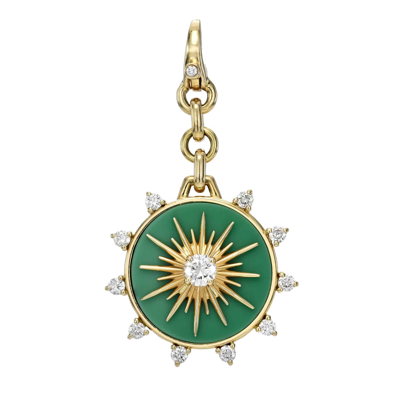 The Diamond & Chrysoprase Bentley Charm by Janet Heller Fine Jewelry is a gold and green pendant featuring a sunburst design with a central white gem, surrounded by smaller gems. It hangs elegantly from a chain link with clasp. Customizations and additional charms are available.