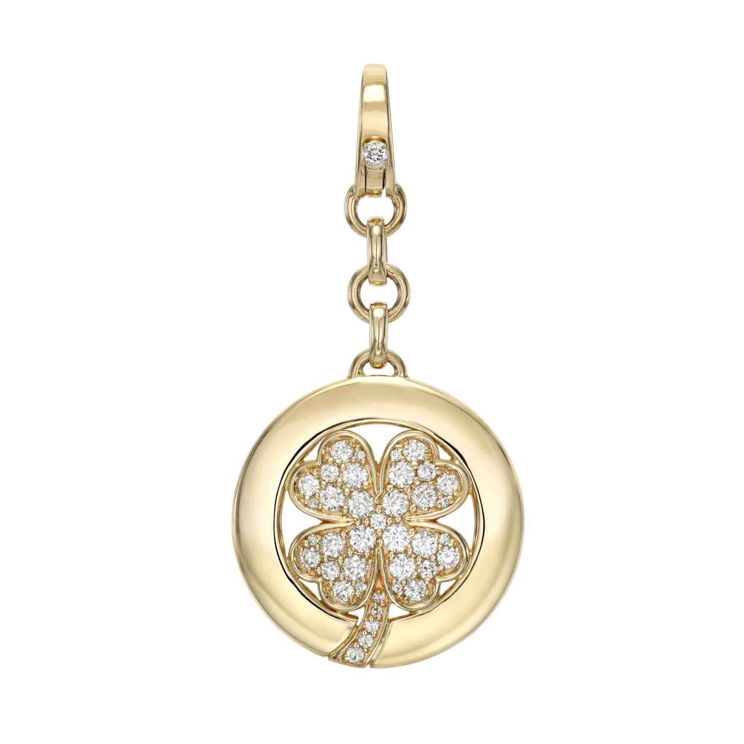 Explore Janet Heller Fine Jewelrys Diamond Clover Disc Charm, a gold piece featuring a diamond-studded four-leaf clover beautifully framed in a circle, with options for personalization to suit your style.