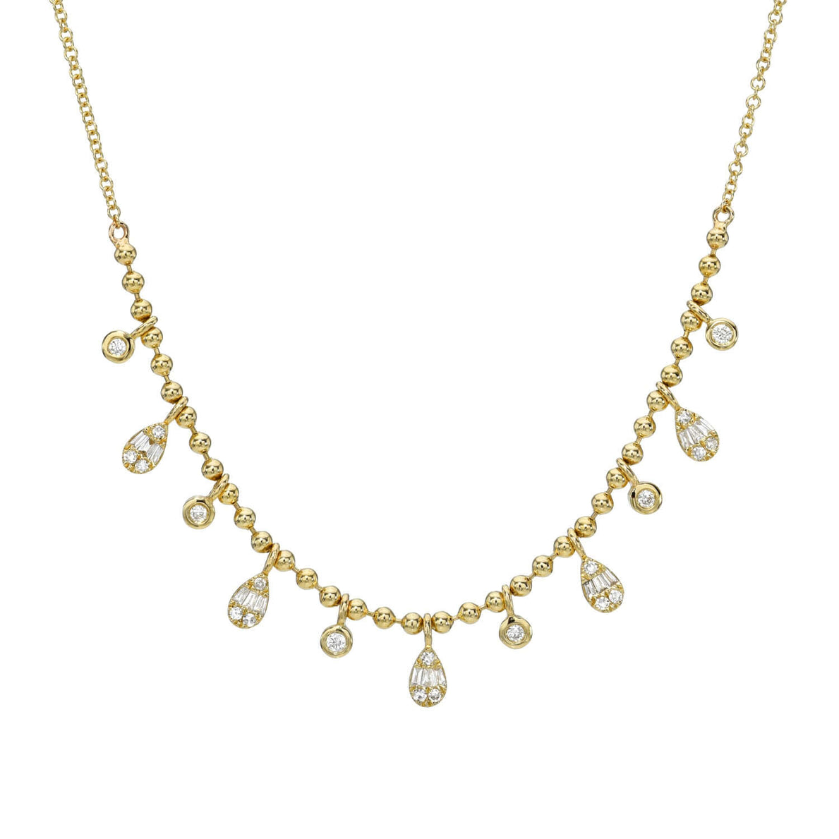 Explore the appeal of the Beaded Bezel & Pear Diamond Necklace adorned with small round beads and dangling pear-shaped pendants set with sparkling gemstones. Customizations are available for a unique, personalized touch.