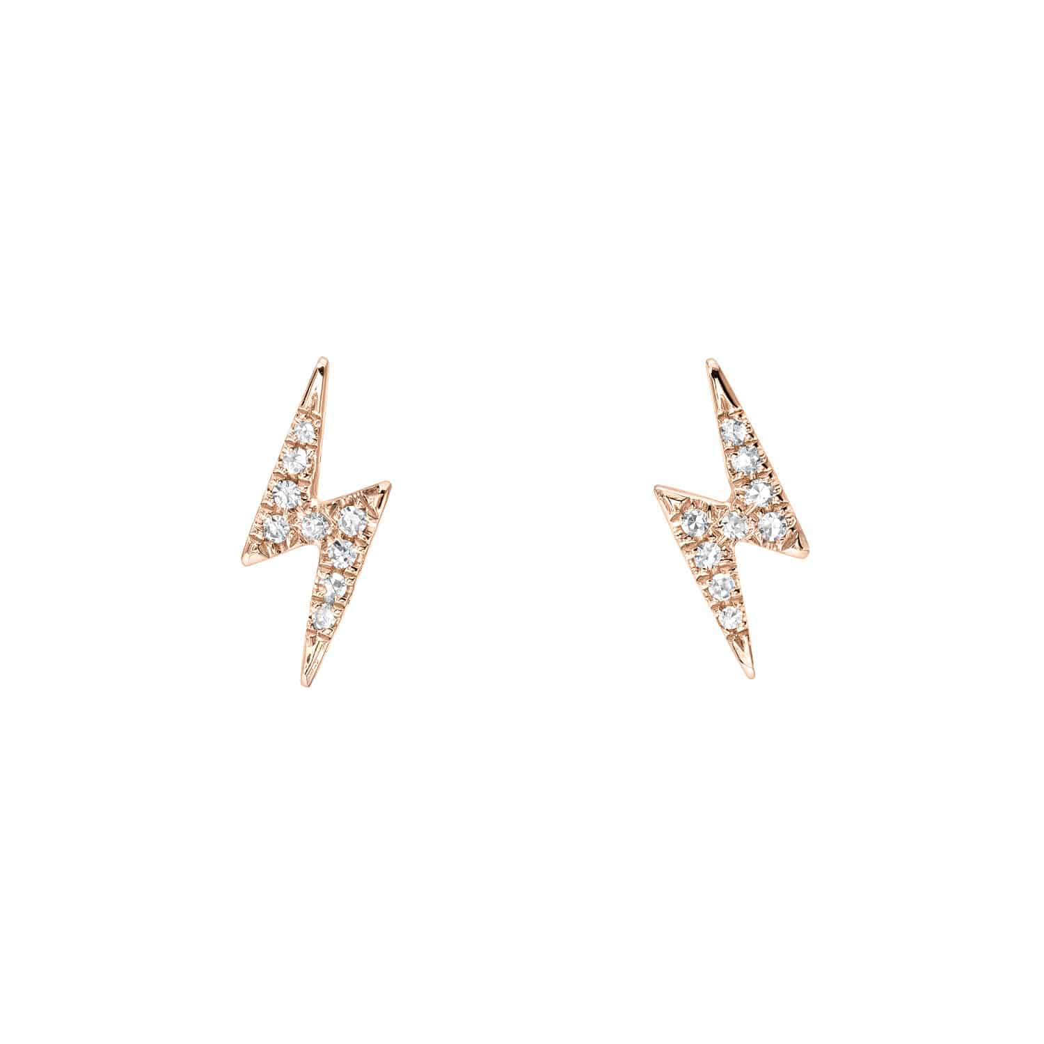Diamond Lightning Bolt Studs featuring a pair of gold lightning bolt-shaped studs encrusted with small clear gemstones, displayed on a plain white background.